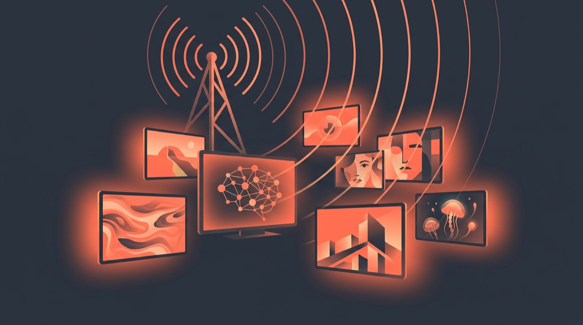 AI live broadcast channels on glowing screens
