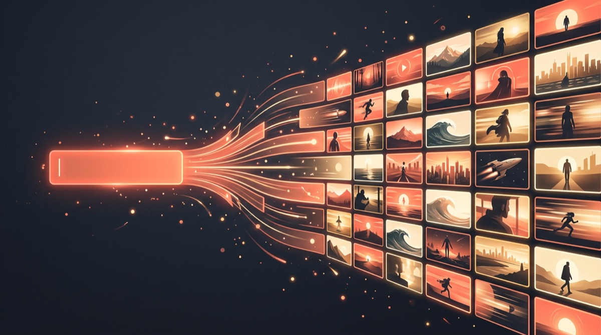 Text prompt transforming into cinematic video frames